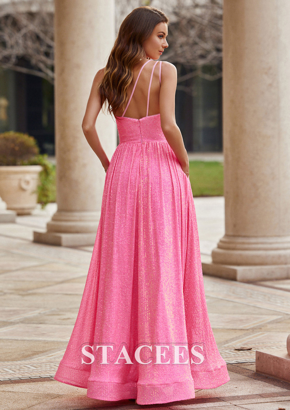 Hot Pink A-line One-Shoulder Floor-Length Sequined Prom Dress with Pockets - STACEES