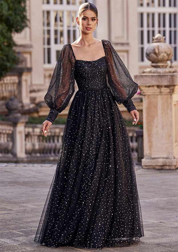 A-line Square Neckline Full/Long Sleeve Floor-Length Tulle Prom Dress with Pleated Sequins