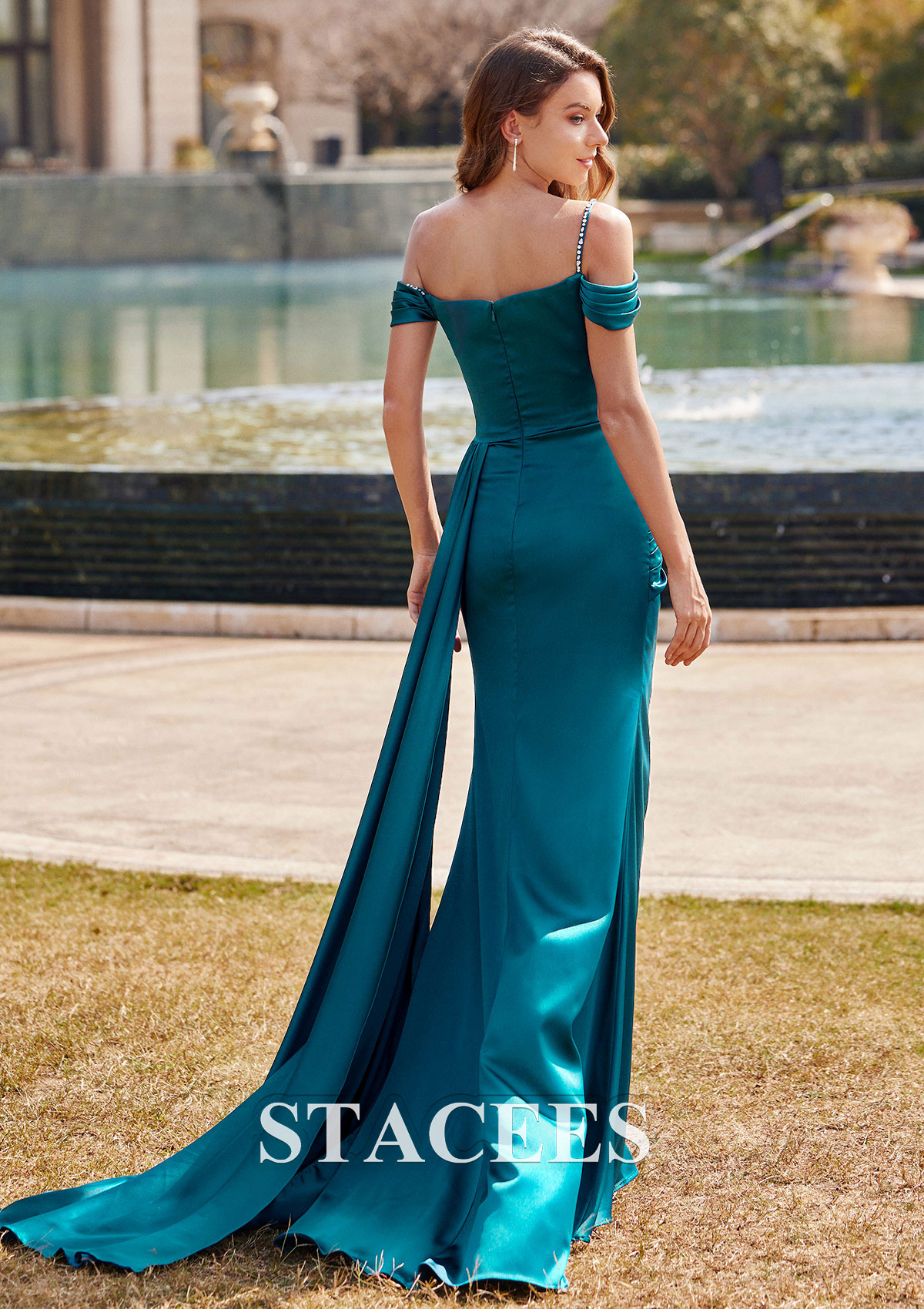 Ink Blue Trumpet/Mermaid Cowl Neck Sweep Train Satin Prom Dress with Beading Pleated Side Draping