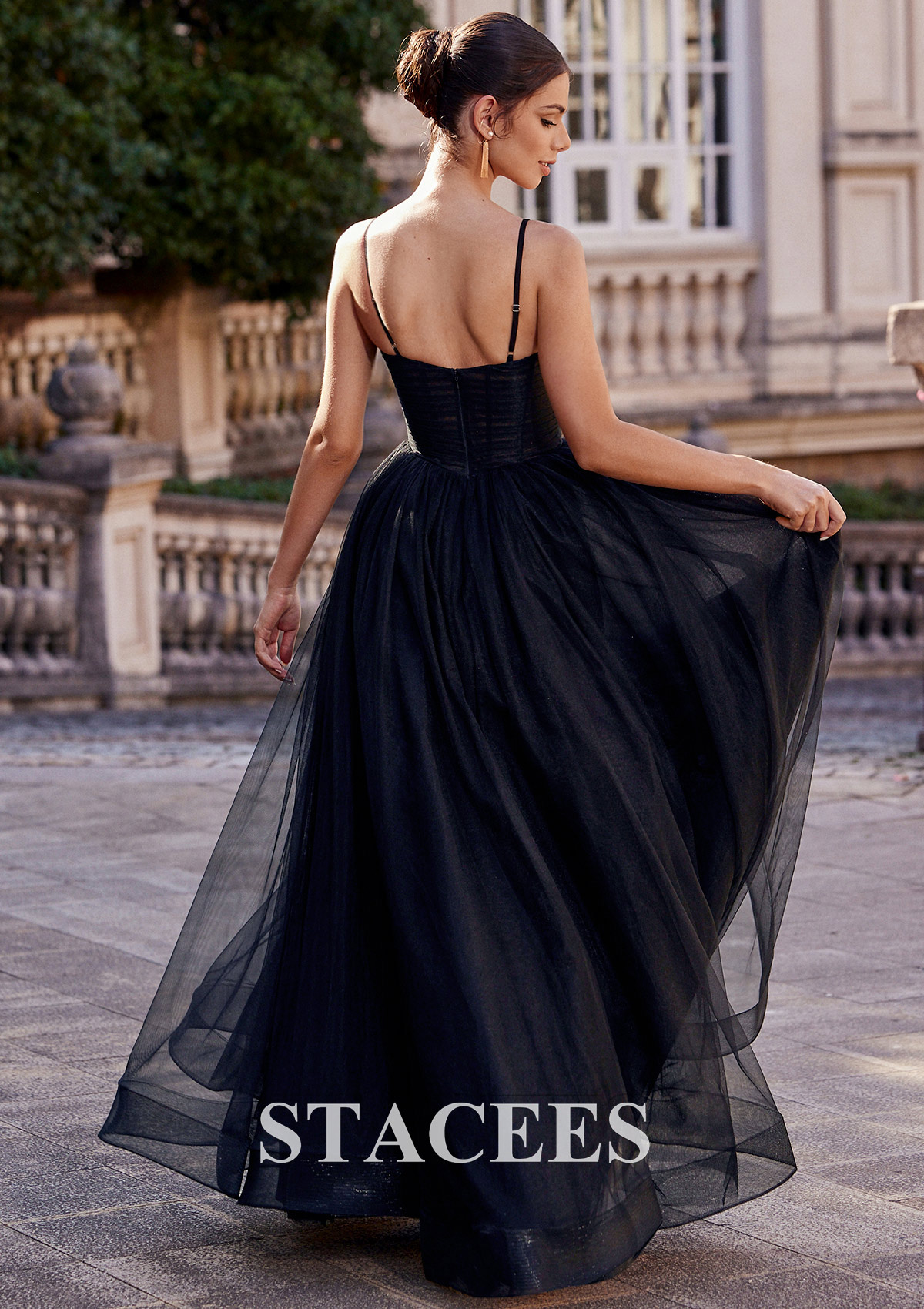 Black A-line V Neck Sleeveless Floor-Length Tulle Prom Dress with Pleated - STACEES