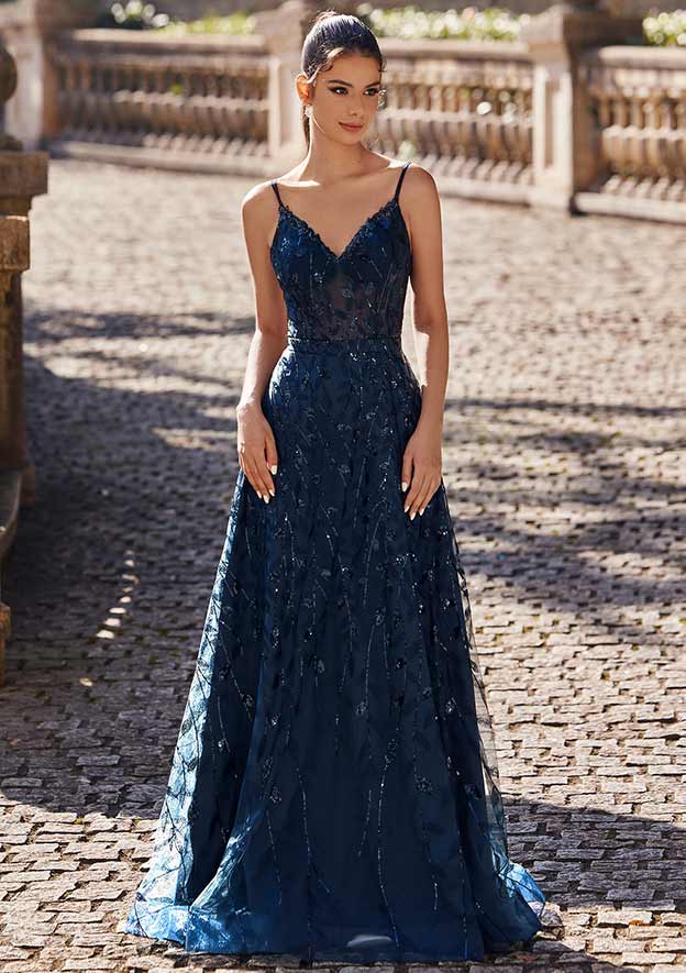 A-line V Neck Floor-Length Sequins Prom Dress with Split