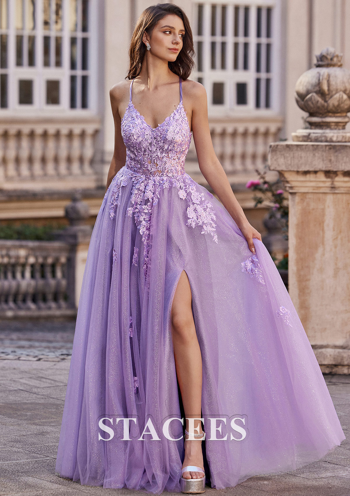a line v neck tulle prom dress A-line Princess V Neck Sleeveless Floor-Length Tulle Prom Dress with  Glitter Appliqued Beading Split S7742P - Prom Dresses