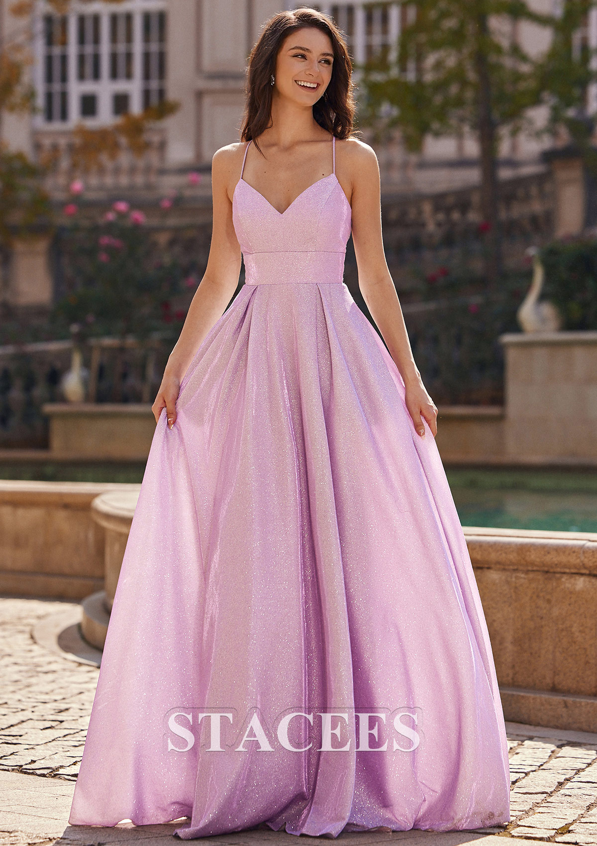 Lilac A-line V Neck Floor-Length Tulle Prom Dress with Pockets Glitter - STACEES
