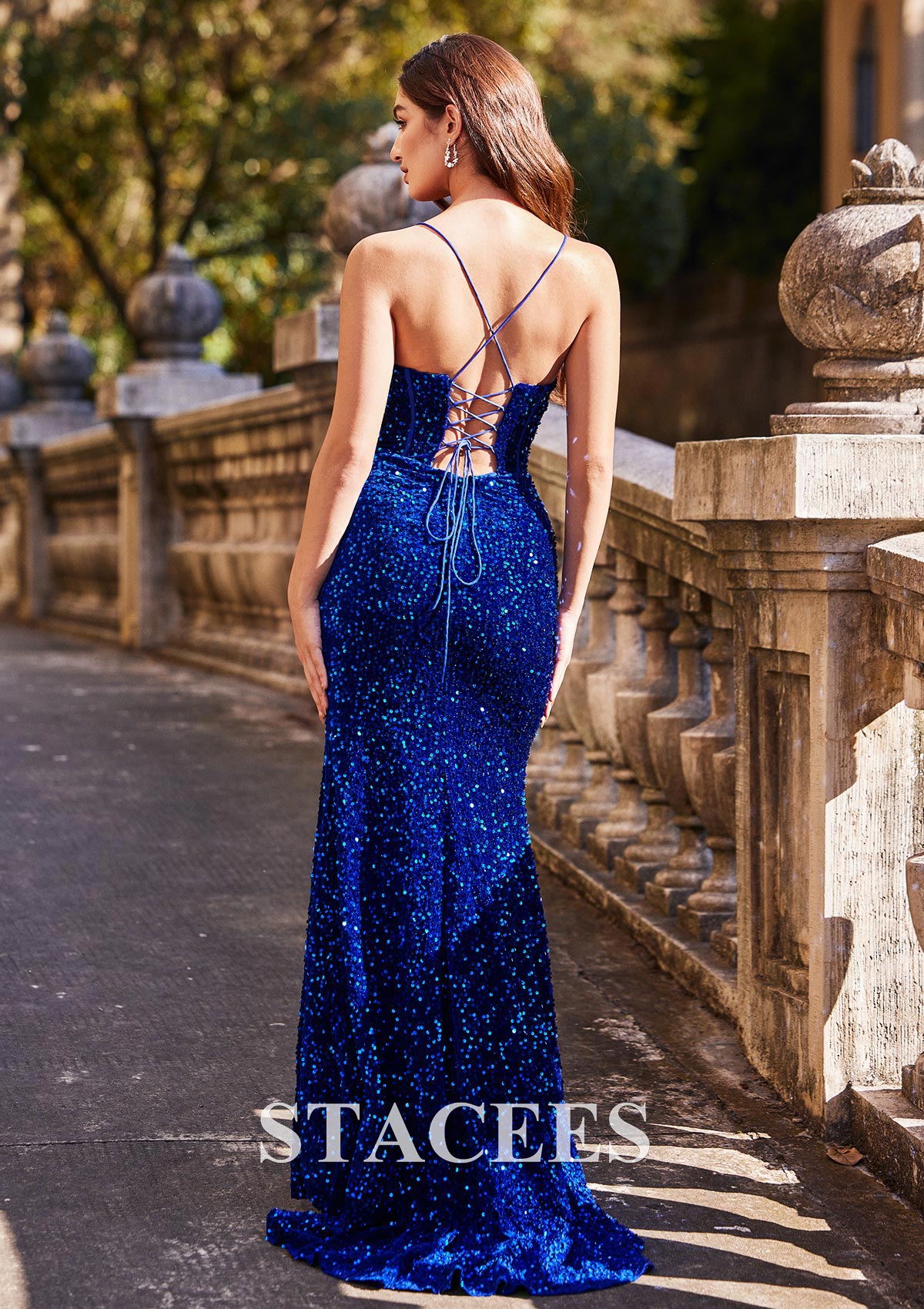 Royal Blue Trumpet/Mermaid V Neck Sweep Train Velvet Sequins Prom Dress - STACEES
