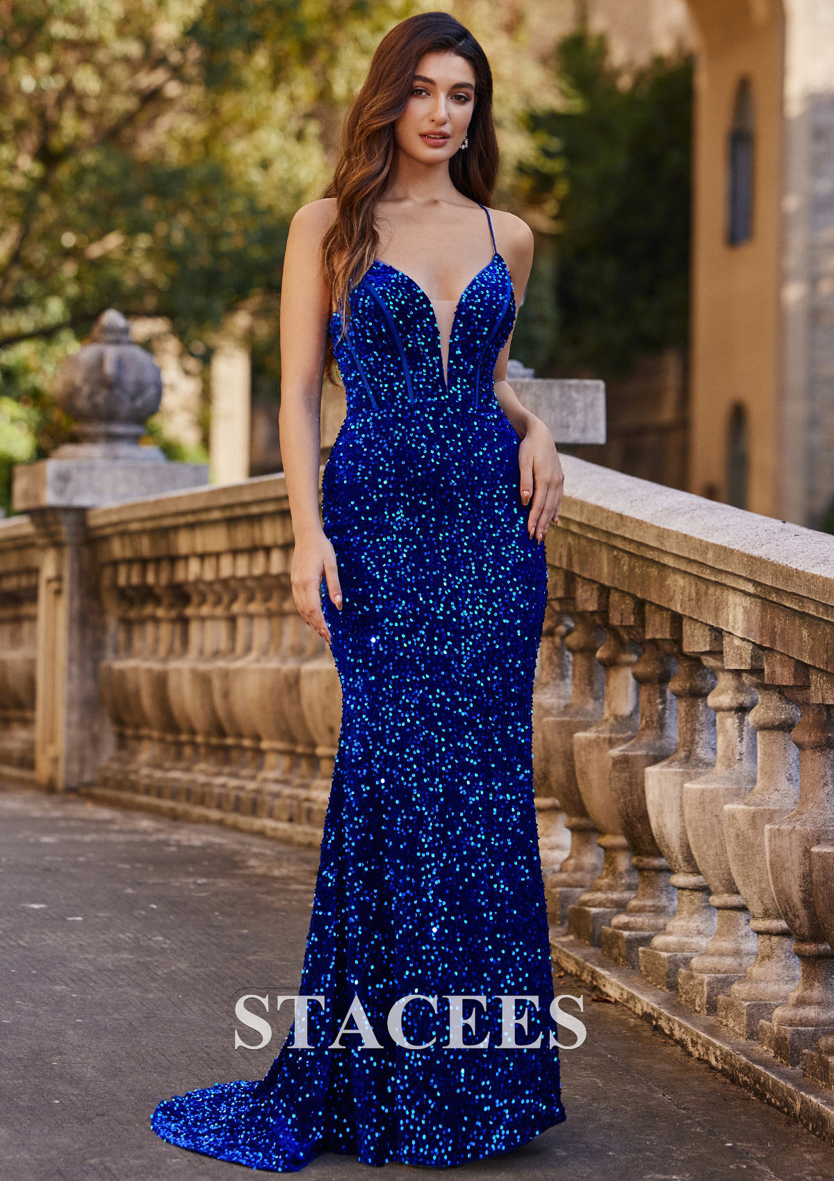 Royal Blue Trumpet/Mermaid V Neck Sweep Train Velvet Sequins Prom Dress - STACEES