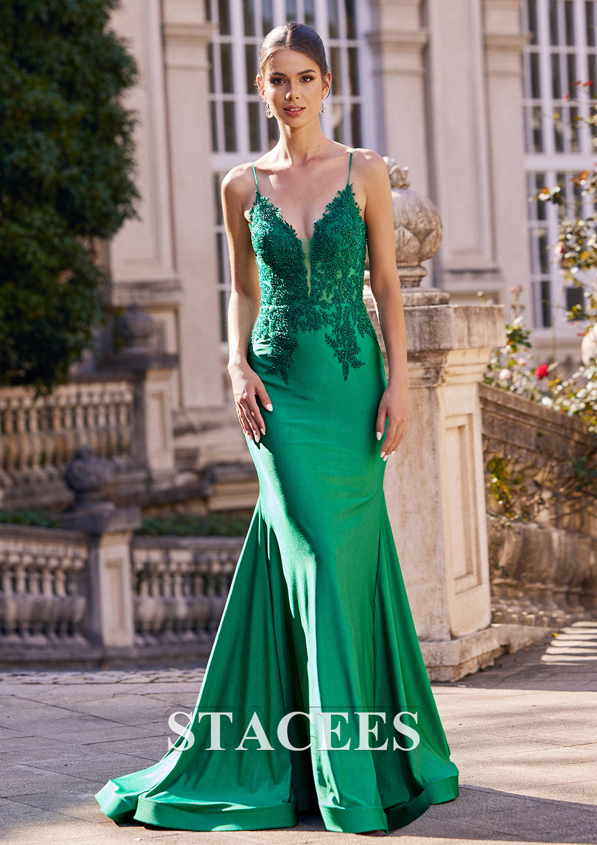 Hunter Green Trumpet/Mermaid V Neck Court Train Jersey Prom Dress with Appliqued Beading - STACEES