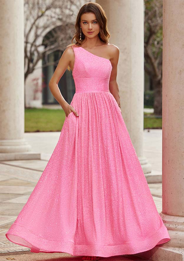 one shoulder pink formal dress A-line One-Shoulder Floor-Length Sequined Prom with Pockets celebrities red carpet dress