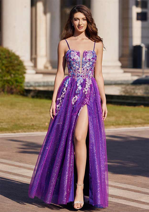 A-line Square Neckline Floor-Length Tulle Prom Dress with Appliqued Split Glitter