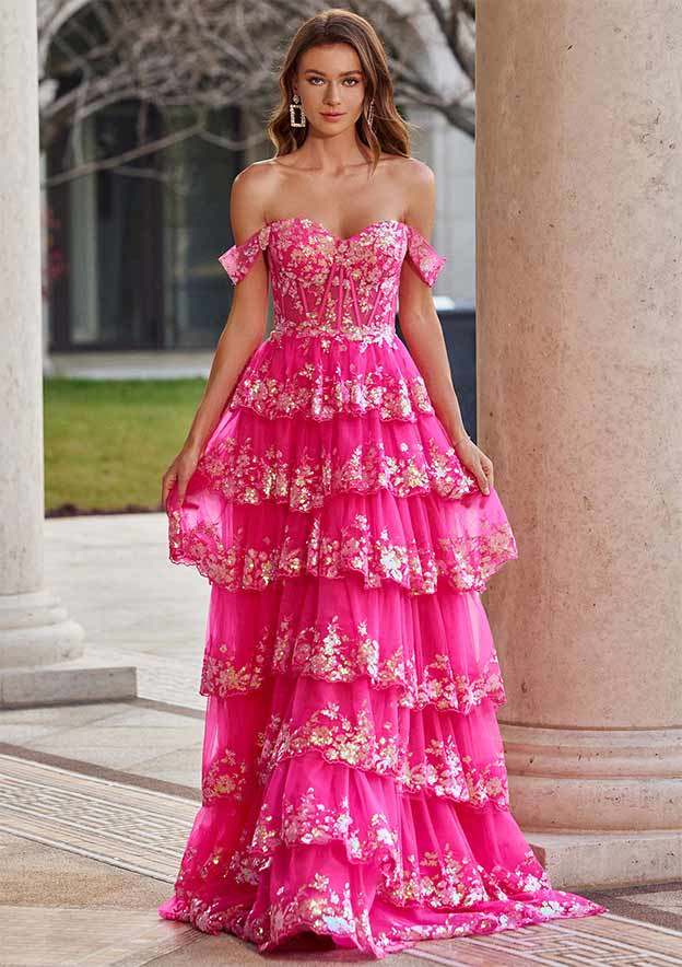 A-line Princess Off-the-Shoulder Sweep Train Tulle Prom Dress with Ruffles Sequins