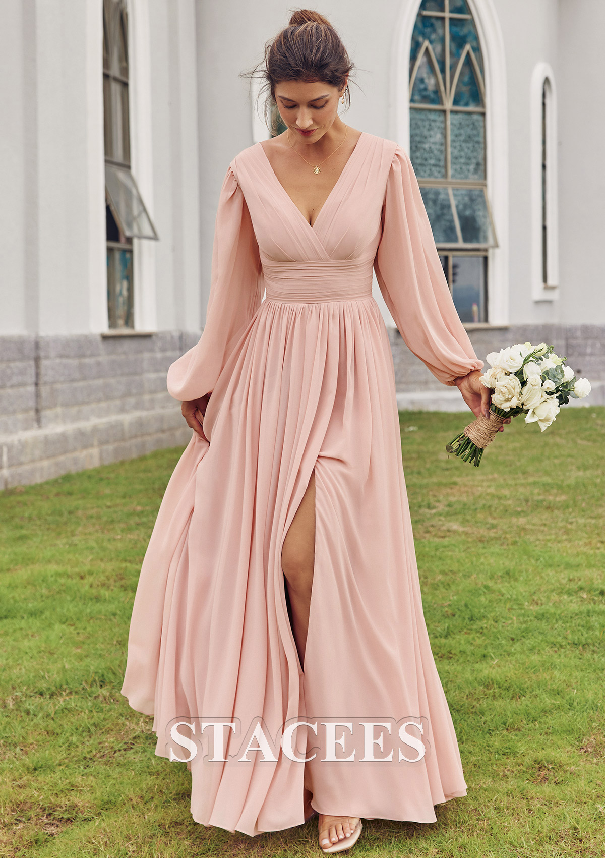 sleeves pink bridesmaid dresses Stacees Bridesmaid Dress A-line V Neck Full/Long Sleeve Floor-Length Chiffon Pleated Split