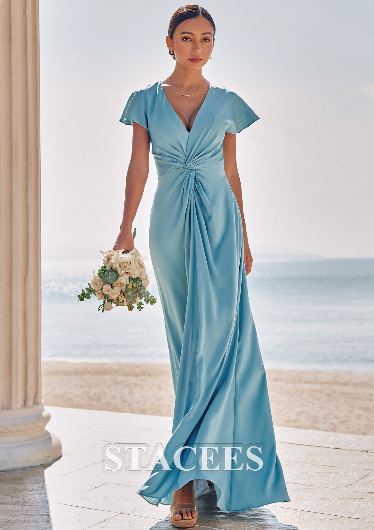 blue silk bridesmaid dresses Stacees Steel Grey Bridesmaid Dress with V-Neck Flutter Sleeves Ruched Waist