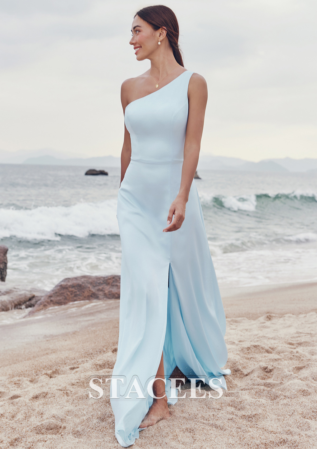 Azul Cielo Vestido línea a un hombro satén elástico hasta el suelo vestido de dama de honor - STACEES