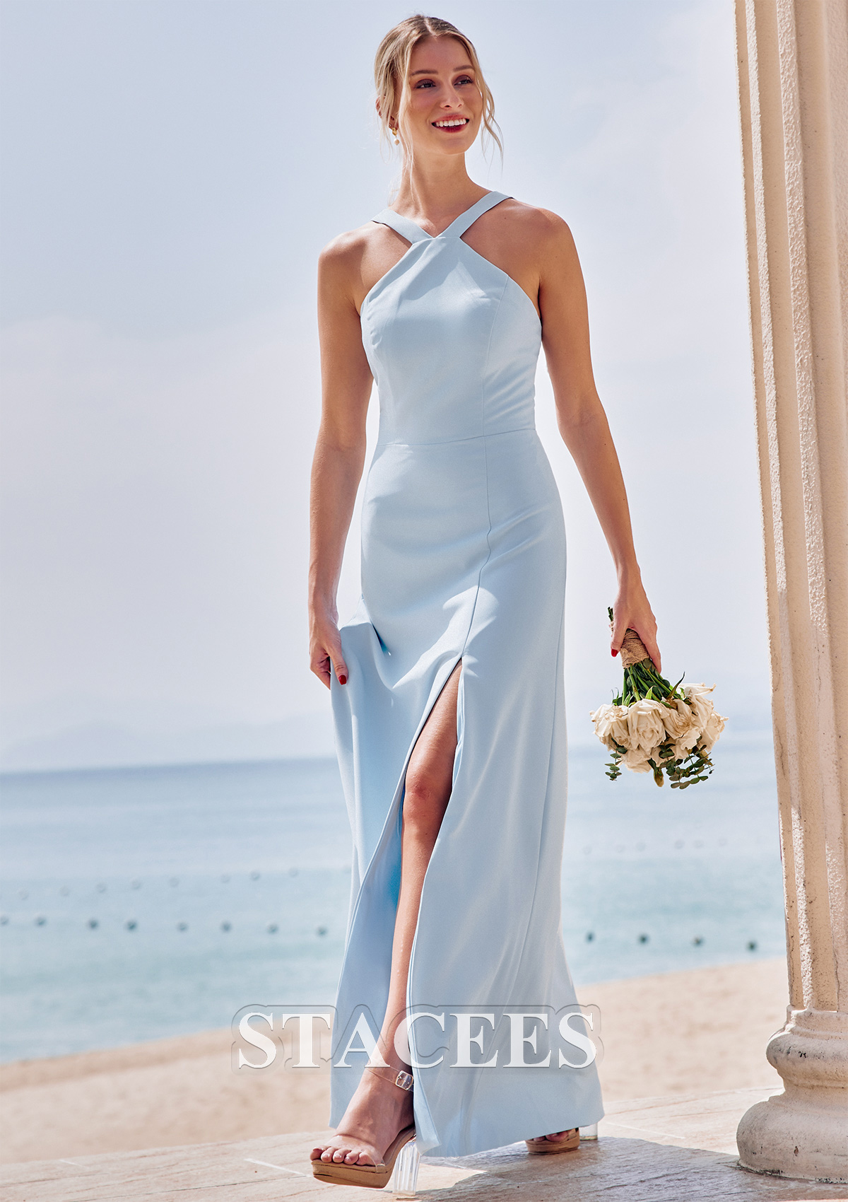 halter style bridesmaid dresses Mint Green Cowl Neck Ruched Slit Sheath Chiffon Bridesmaid Dress
