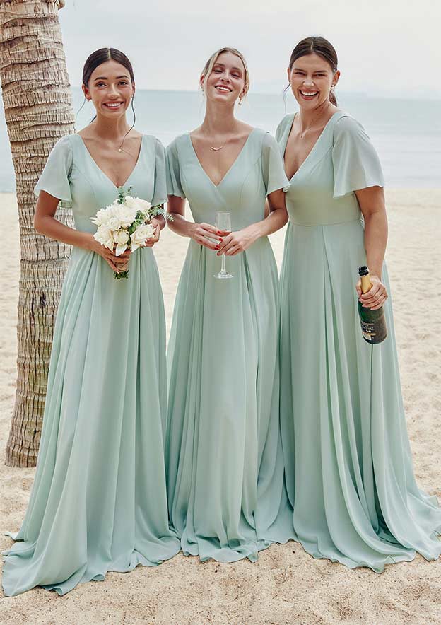 A-line V Neck Short Sleeve Floor-Length Chiffon Bridesmaid Dress