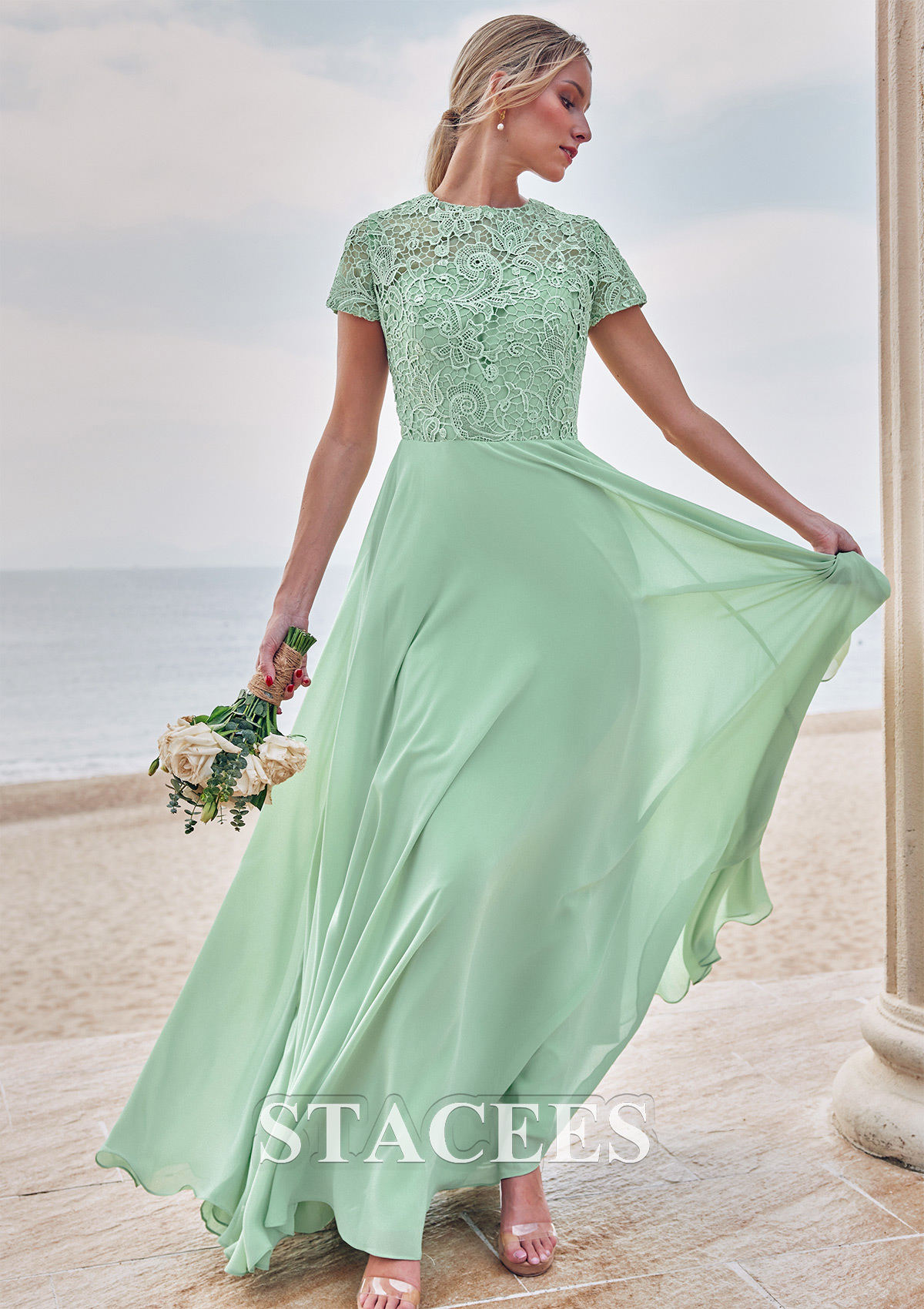 Sauge Poudrée Robe trapèze scoop mousseline ras du sol robe de demoiselle d'honneur - STACEES