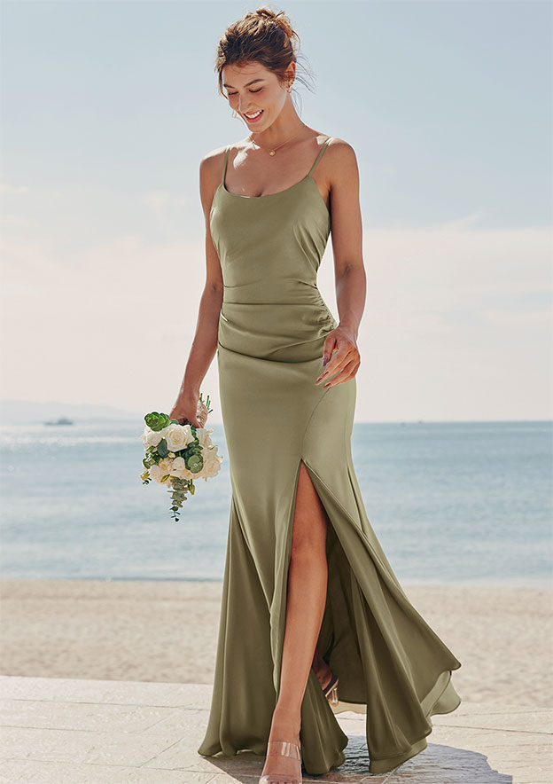 Trumpet/Mermaid Scoop Neck Sleeveless Floor-Length Stretch Satin Bridesmaid Dress with Pleated Split