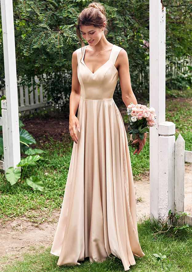 A-line V Neck Sleeveless Floor-Length Stretch Satin Bridesmaid Dress with Pleated