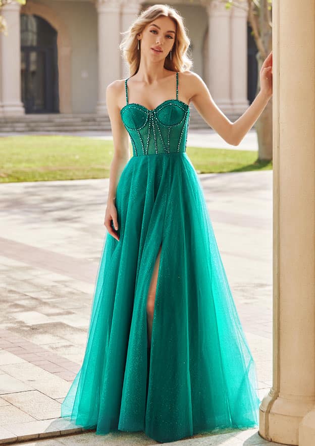 evening dresses teal Metallic Long Teal Prom Dress with Lace-Up Back Teal / 8
