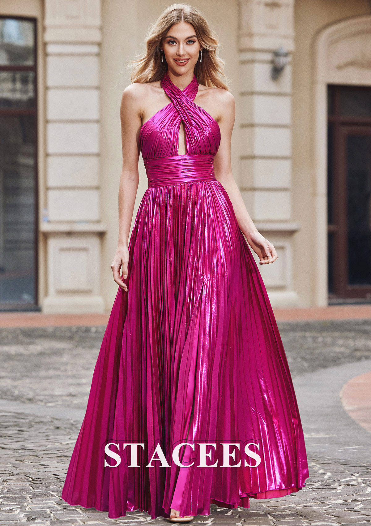a-line sleeveless floor-length metallic prom dress with pleated split A-line Sleeveless Floor-Length Metallic Prom Dress with Pleated Split   SELINADRESS