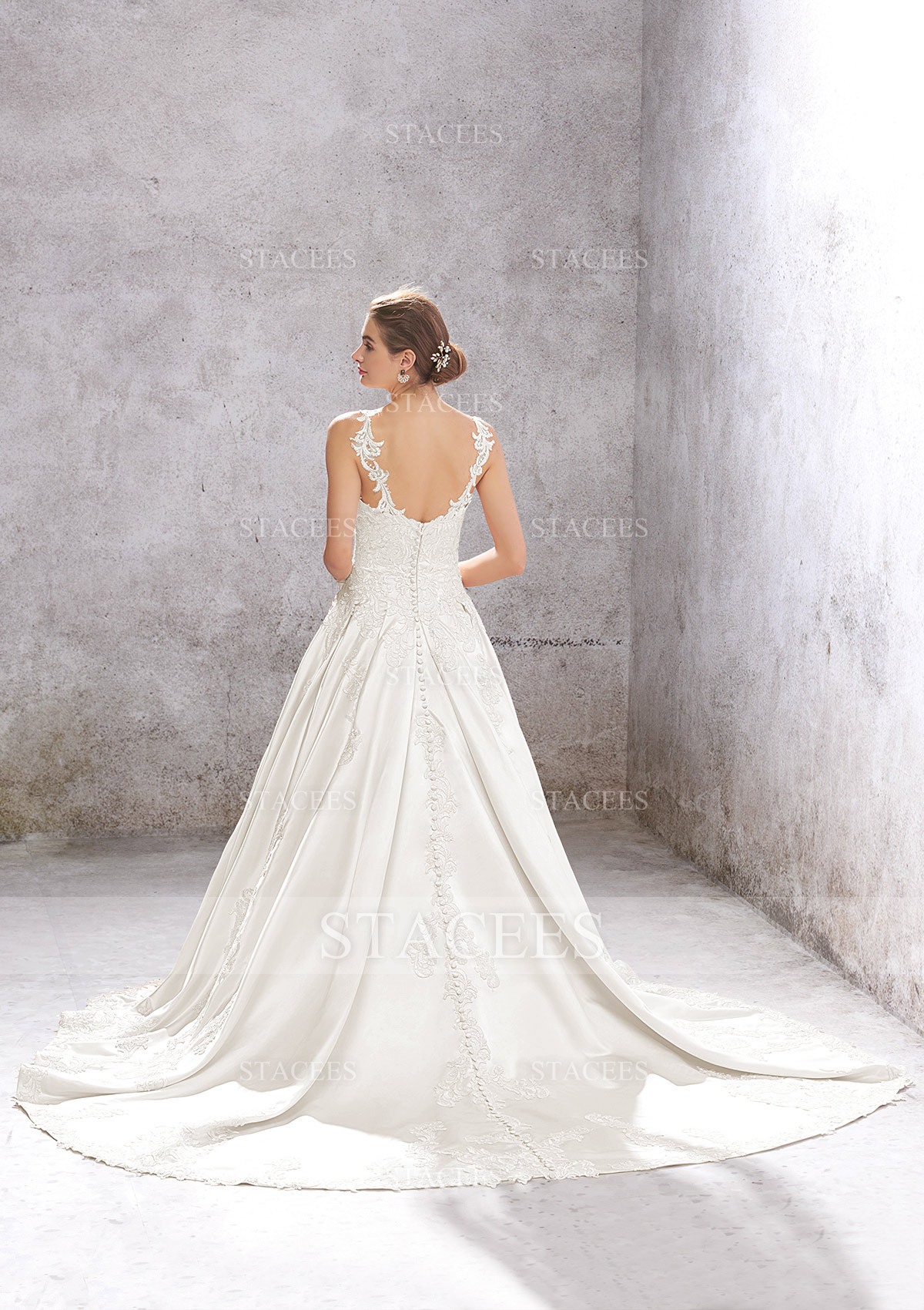 Ivory Ball Gown Princess Sweetheart Sleeveless Chapel Train Satin Wedding Dress With Appliques Sequins - STACEES