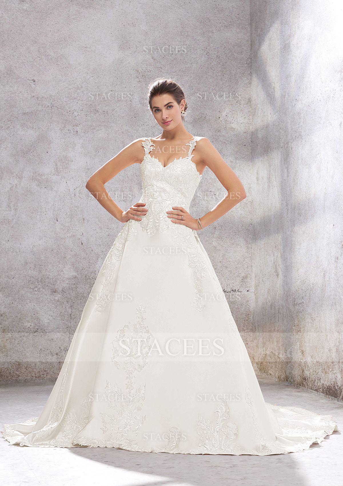 Ivory Ball Gown Princess Sweetheart Sleeveless Chapel Train Satin Wedding Dress With Appliques Sequins - STACEES