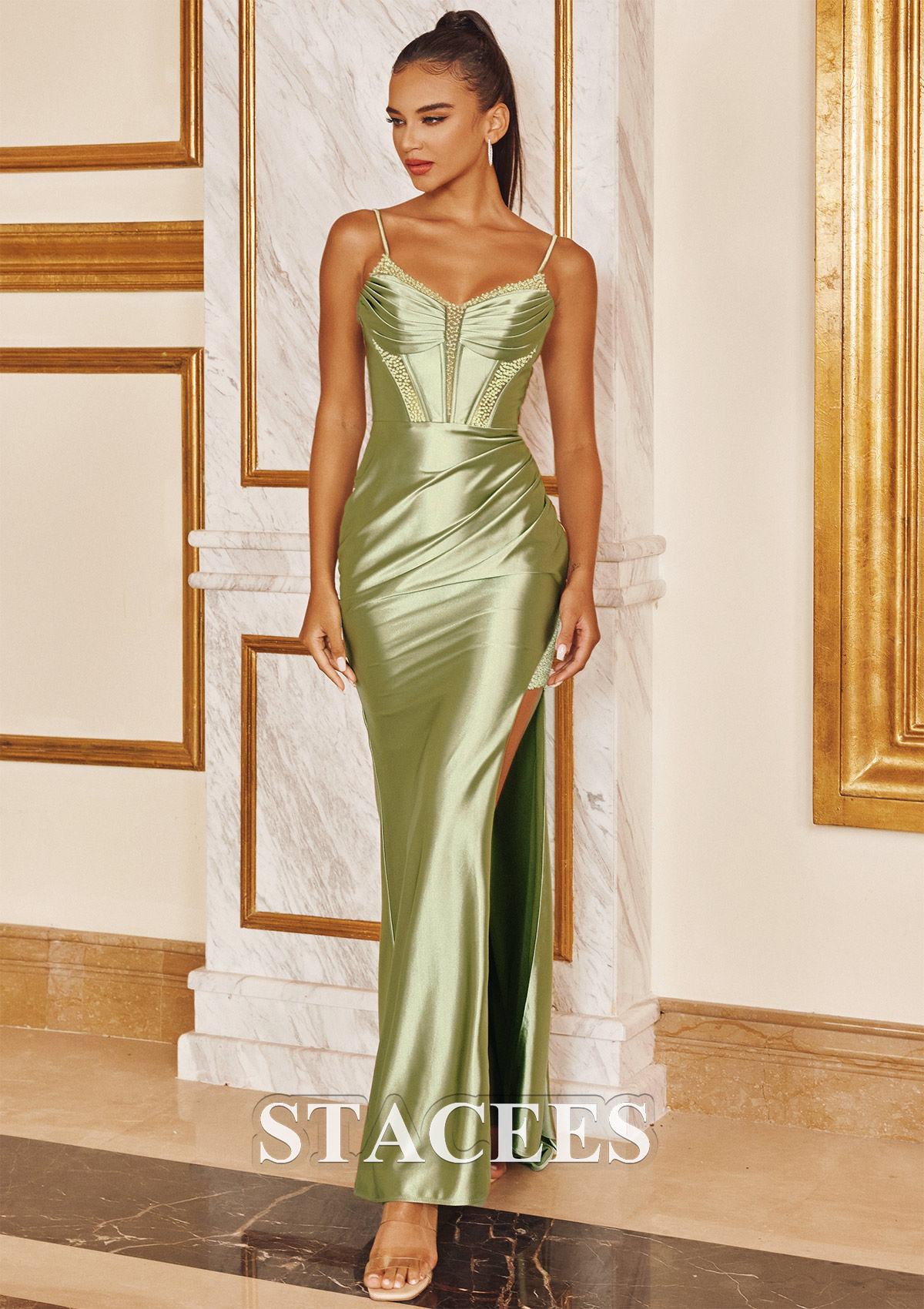 Sage Trumpet/Mermaid V Neck Sleeveless Sweep Train Silk like Satin Prom Dress with Beading Pleated Split - STACEES