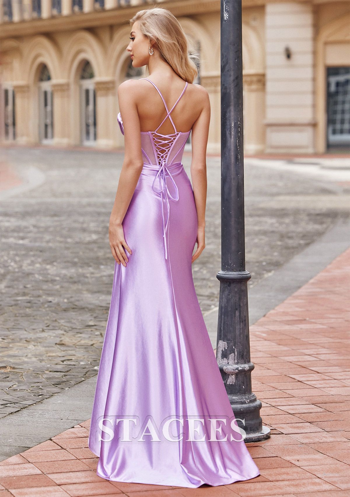 Lilac Trumpet/Mermaid Cowl Neck Sleeveless Sweep Train Silk like Satin Prom Dress with Beading Pleated Split - STACEES