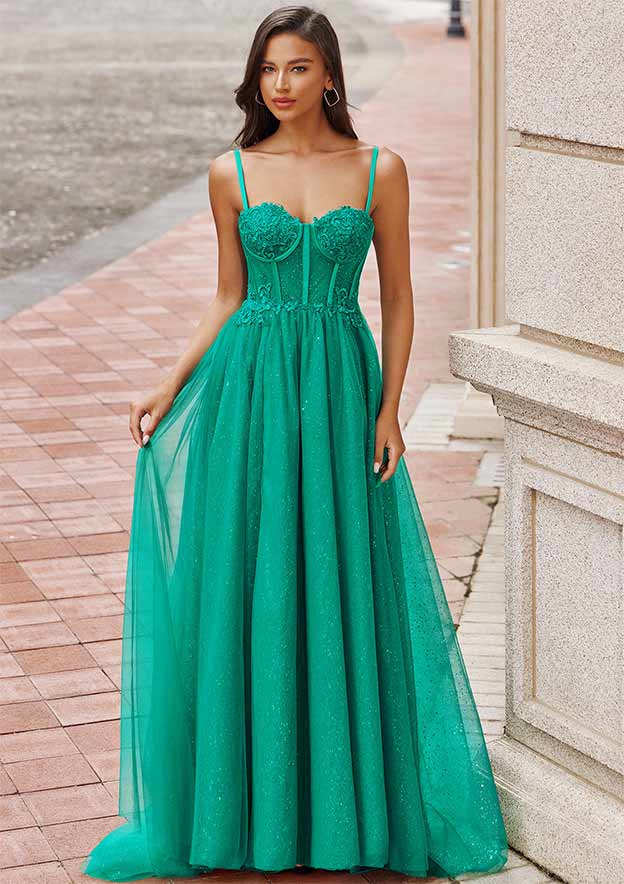 A-line Sweetheart Sleeveless Sweep Train Tulle Prom Dress with Split Glitter Appliqued