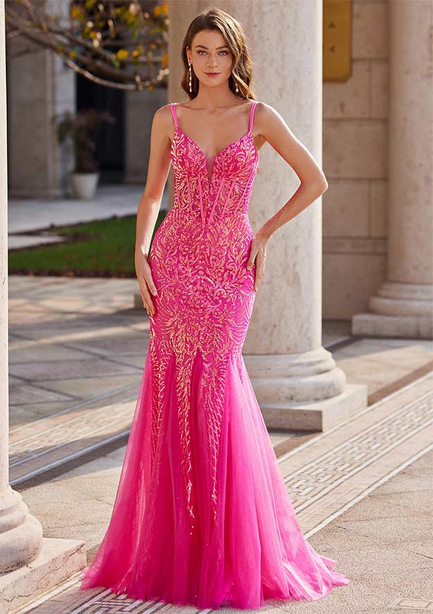 Trumpet/Mermaid V Neck Sleeveless Sweep Train Tulle Prom Dress with Sequins