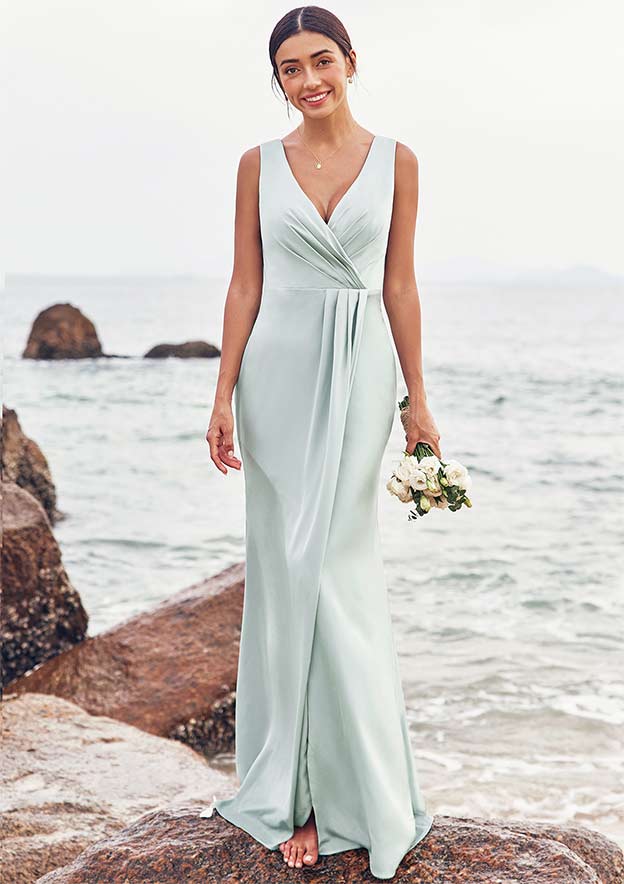 Sheath/Column V Neck Sleeveless Floor-Length Stretch Satin Bridesmaid Dress with Pleated Split