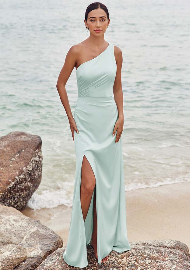 Sheath/Column One-Shoulder Sleeveless Floor-Length Stretch Satin Bridesmaid Dress with Pleated Split