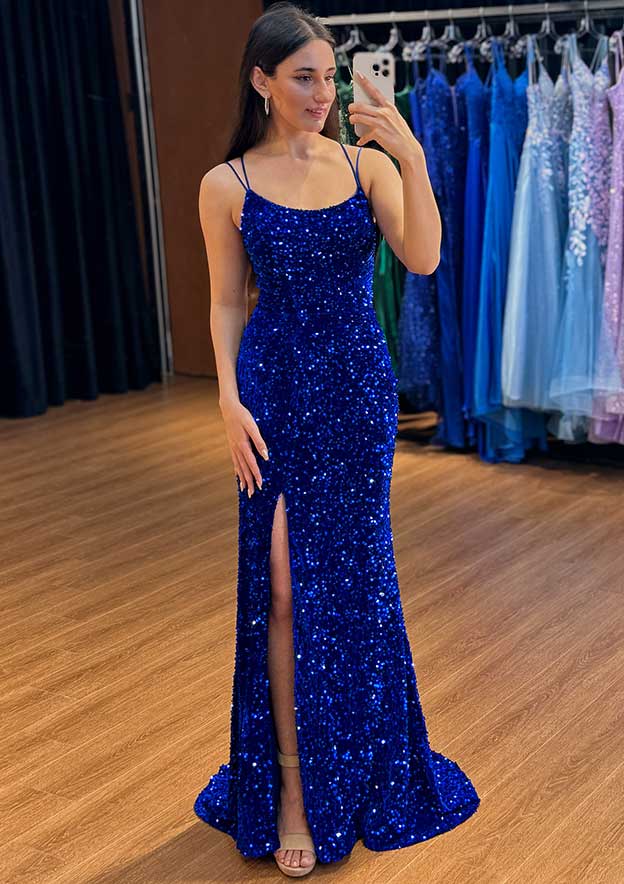 Sheath/Column Scoop Neck Sleeveless Sweep Train Velvet Sequins Prom Dress with Split
