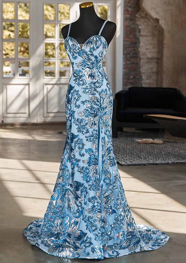 Sheath/Column Sweetheart Sleeveless Sweep Train Sequined Prom Dress with Split