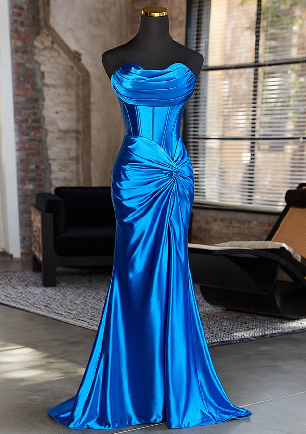 Trumpet/Mermaid Cowl Neck Sleeveless Sweep Train Silk like Satin Prom Dress with Pleated Split
