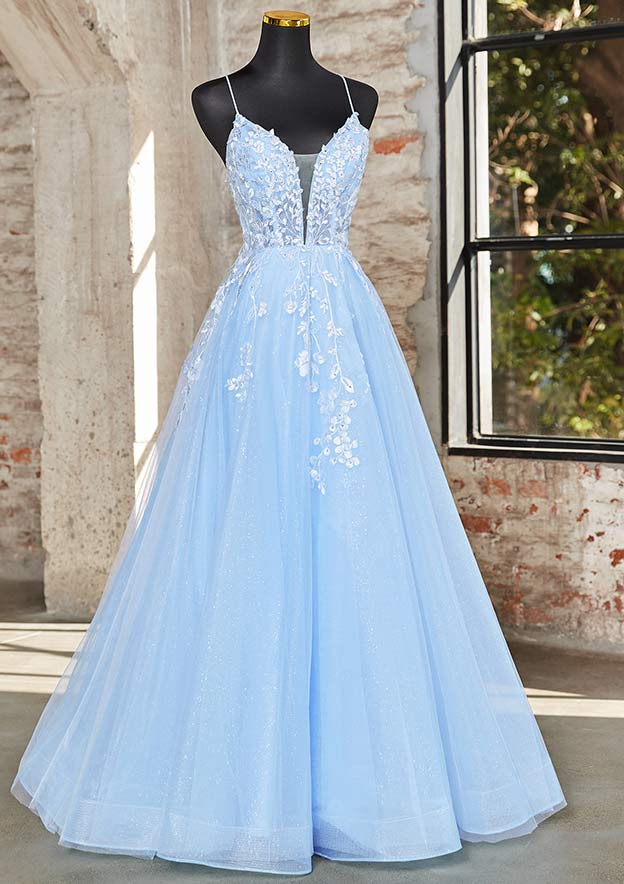 A-line Princess V Neck Sleeveless Floor-Length Tulle Prom Dress with Appliqued Beading Glitter