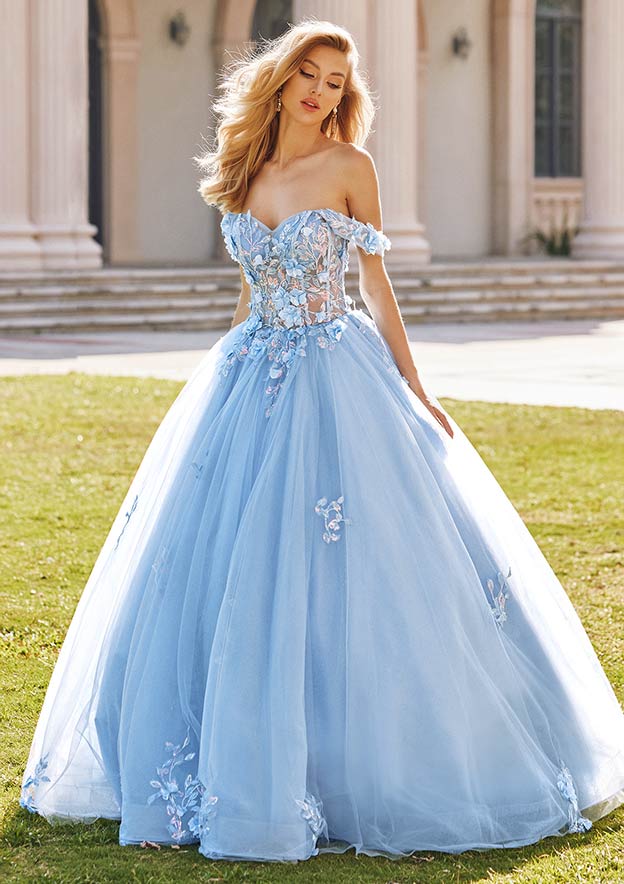 Ball Gown Off-the-Shoulder Long Tulle Prom Dress with Appliqued Sequins Petticoat