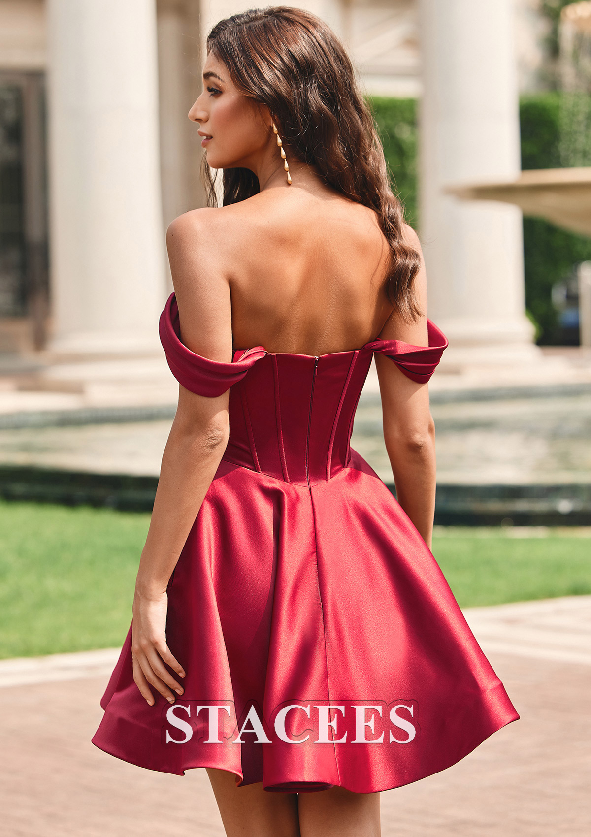 red homecoming dress with pockets A-line Off-the-Shoulder Corset Short Satin Homecoming Dress with Pleated  Pockets S8033H - Homecoming Dresses