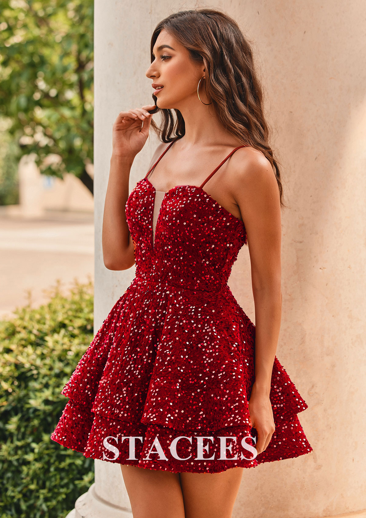 red sparkly homecoming dress short Stacees Sequin Spaghetti Strap Homecoming Dress with Corset Back