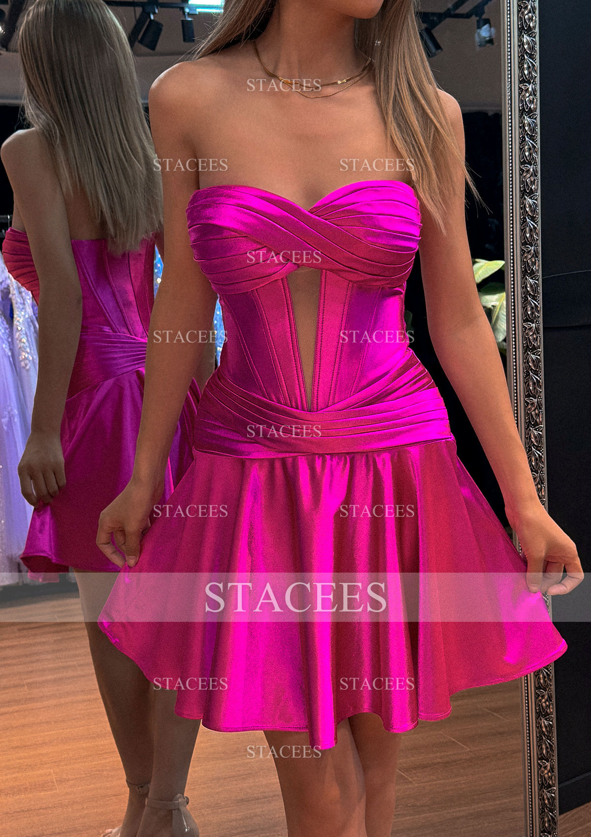 Fuchsia Robe trapèze cache coeur soie comme du satin courte/mini robe de fête de la rentrée  - STACEES
