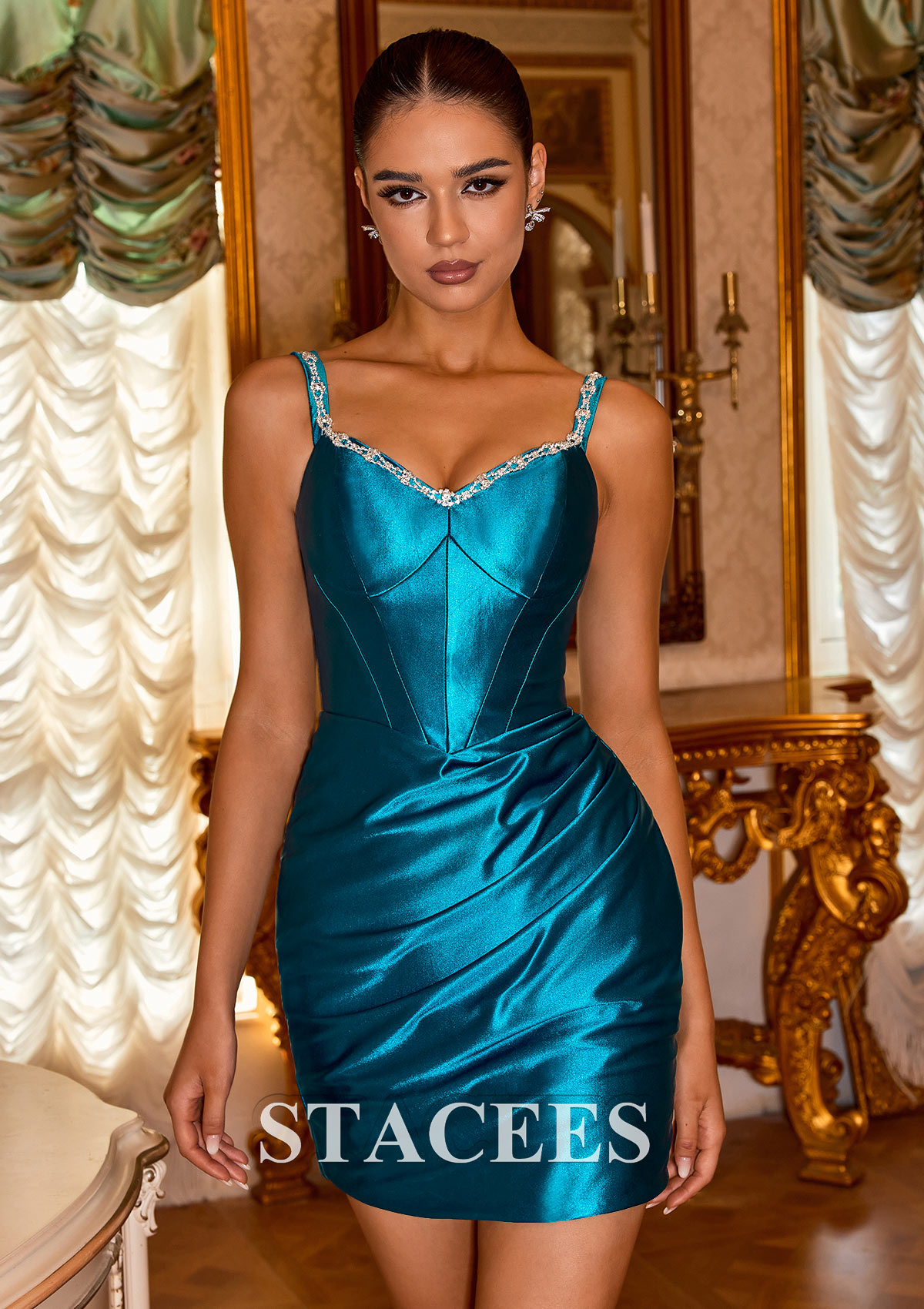 Bleu Encre Fourreau épaule dénudée soie comme du satin courte/mini robe de fête de la rentrée - STACEES