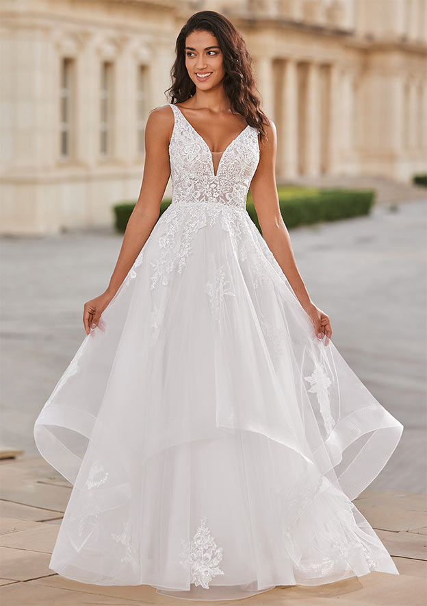 tiered a line wedding dress T272022 Whimsical Organza A-line Gown with Corset Lace Bodice and Tiered Ruffle Skirt