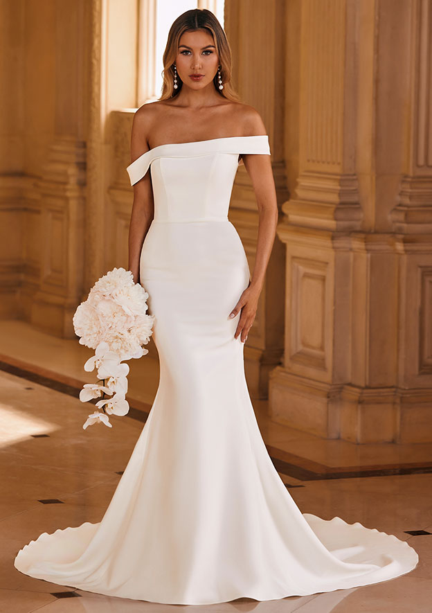 Trumpet/Mermaid Off-the-Shoulder Stretch Crepe Chapel Train Wedding Dress