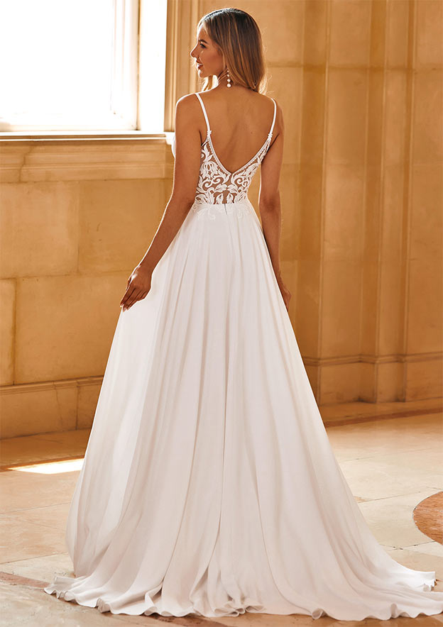 lace v back dress Glamorous Long Mermaid V-neck Wide Straps Appliques Lace Open Back Wed BIZTUNNEL