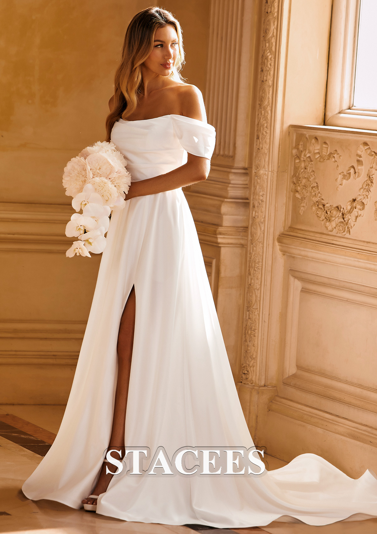 a line off the shoulder satin wedding dress A-line Off the Shoulder Satin Cheap Simple Bridal Wedding Dresses SWD0 SheerGirl