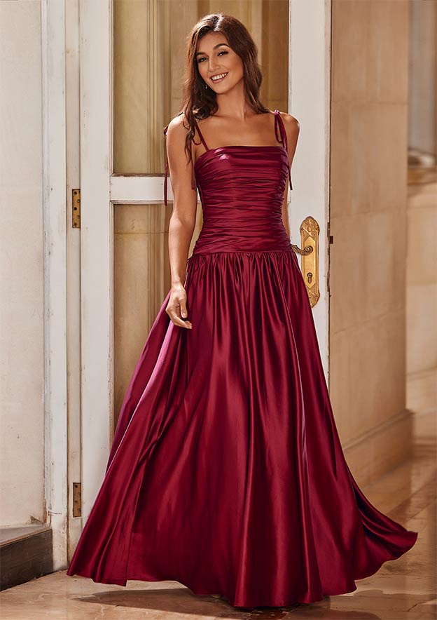 A-line Square Neckline Pleated Long Prom Dress with Adjustable Spaghetti Straps