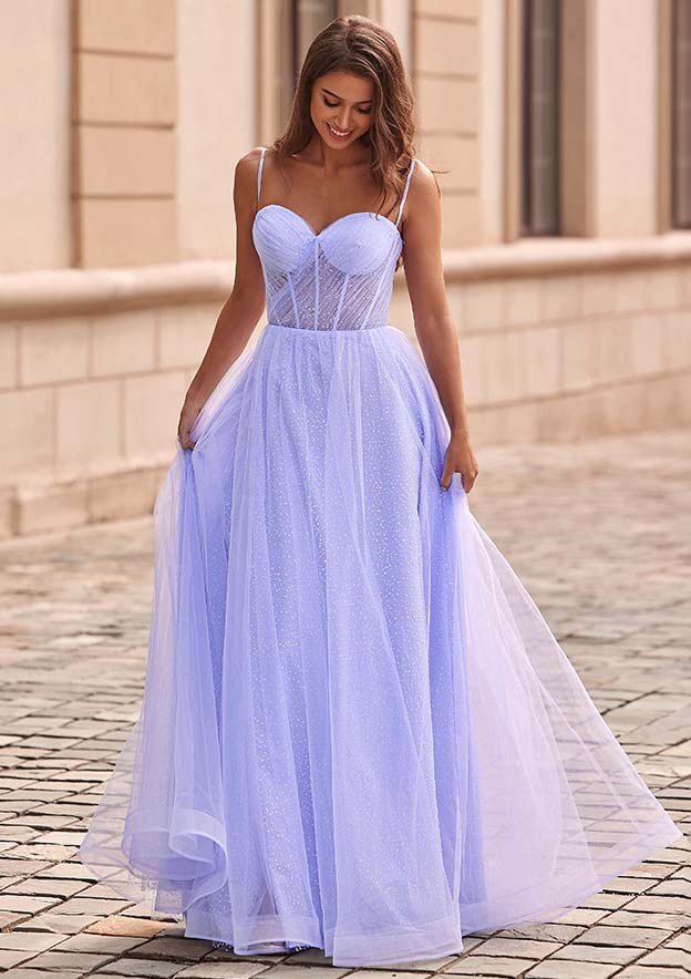 extreme prom dresses Stacees 2026 A-line Sweetheart Tulle Floor-Length Prom Dress with Pleated Split Glitter