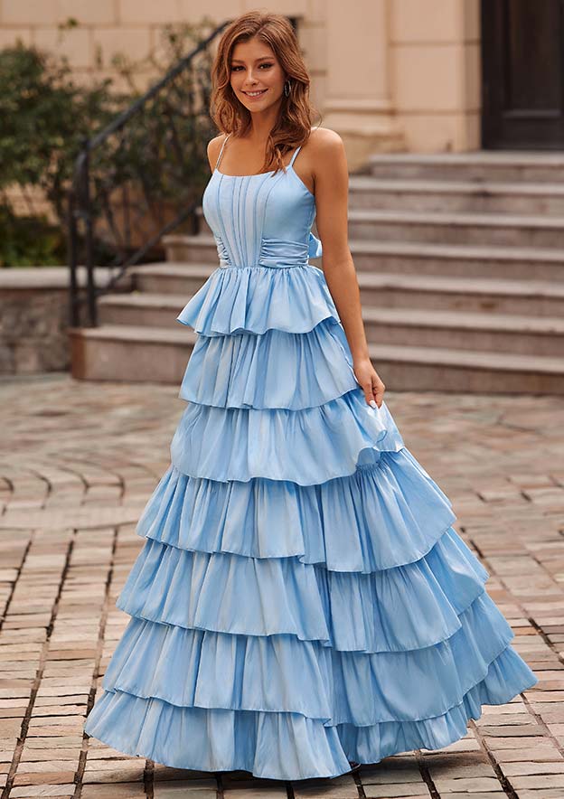 A-line Square Neckline Taffeta Tiered Slit Prom Dress with Bow