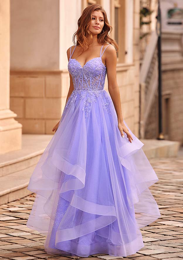 A-line V Neck Tulle Floor-Length Prom Dress with Appliqued Ruffles Glitter
