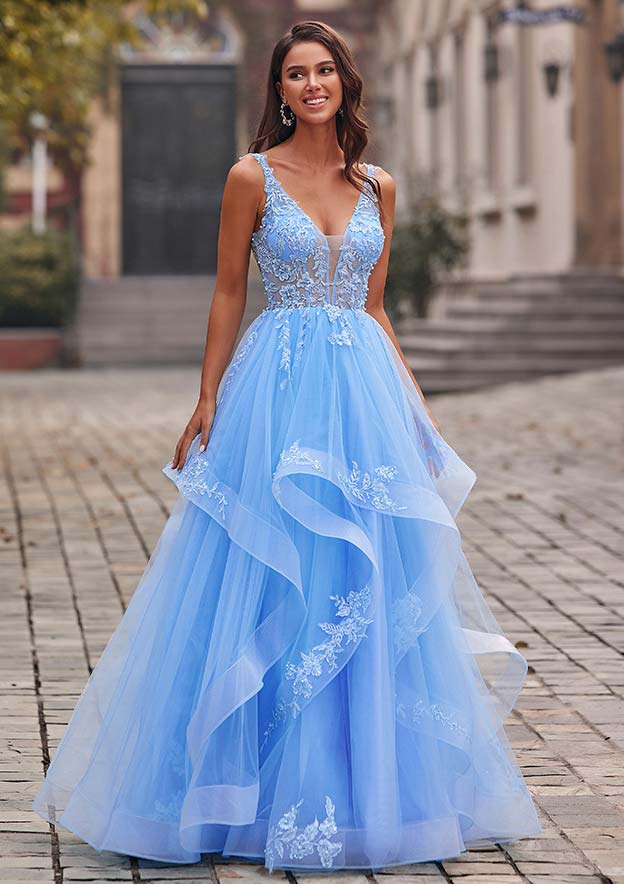 A-line Ball Gown Puffy Layered Tulle Prom Dress with Lace Applique