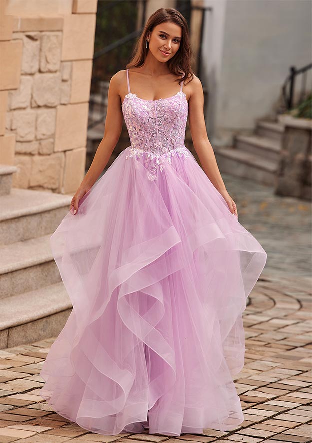 A-line Scoop Neck Tulle Floor-Length Prom Dress with Appliqued Ruffles Sequins